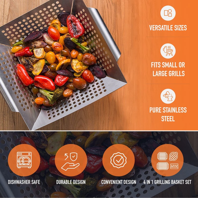 Yukon Glory 3-Piece Mini Grill Basket Set, Perforated Stainless Steel Vegetable BBQ Baskets With Grill Pan Topper, Square & Round, Dishwasher Safe - Image 5